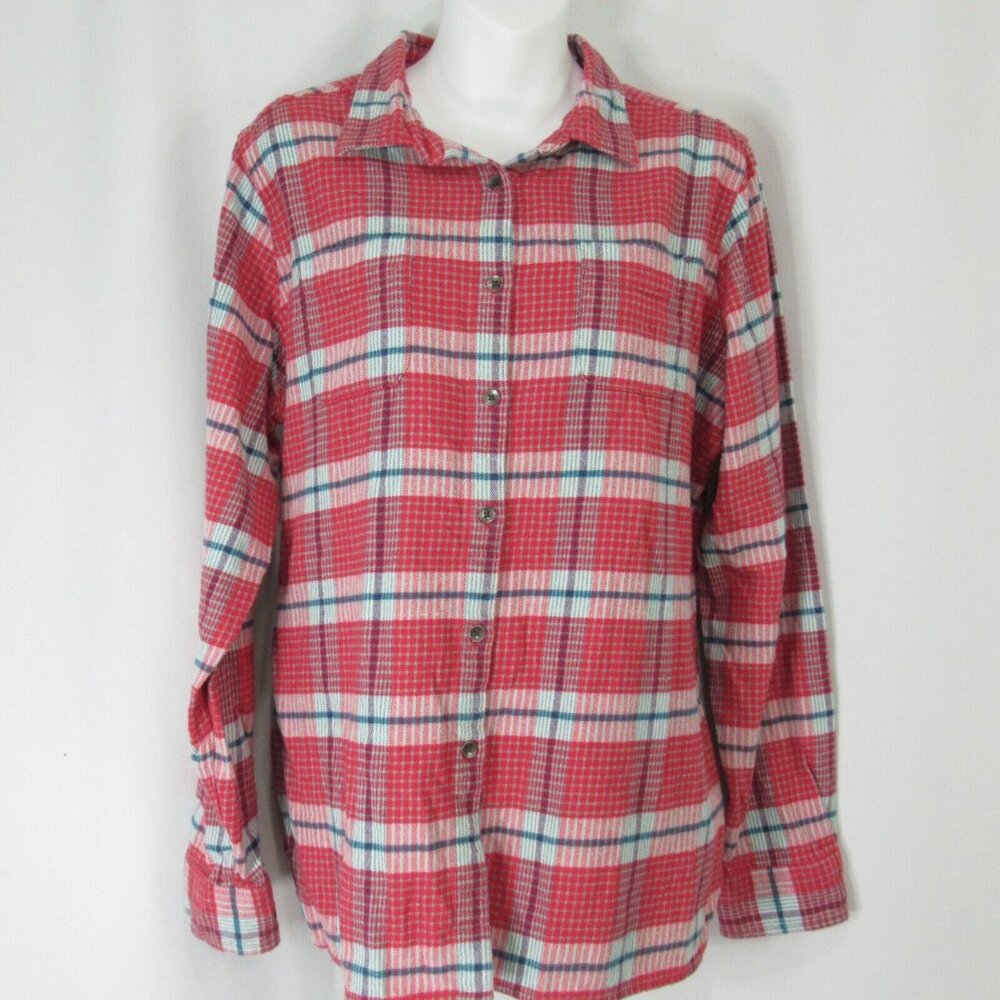 Woolrich Plaid Flannel XL Womens Pink Red Button Up Pockets 100% Cotton - Picture 2 of 9